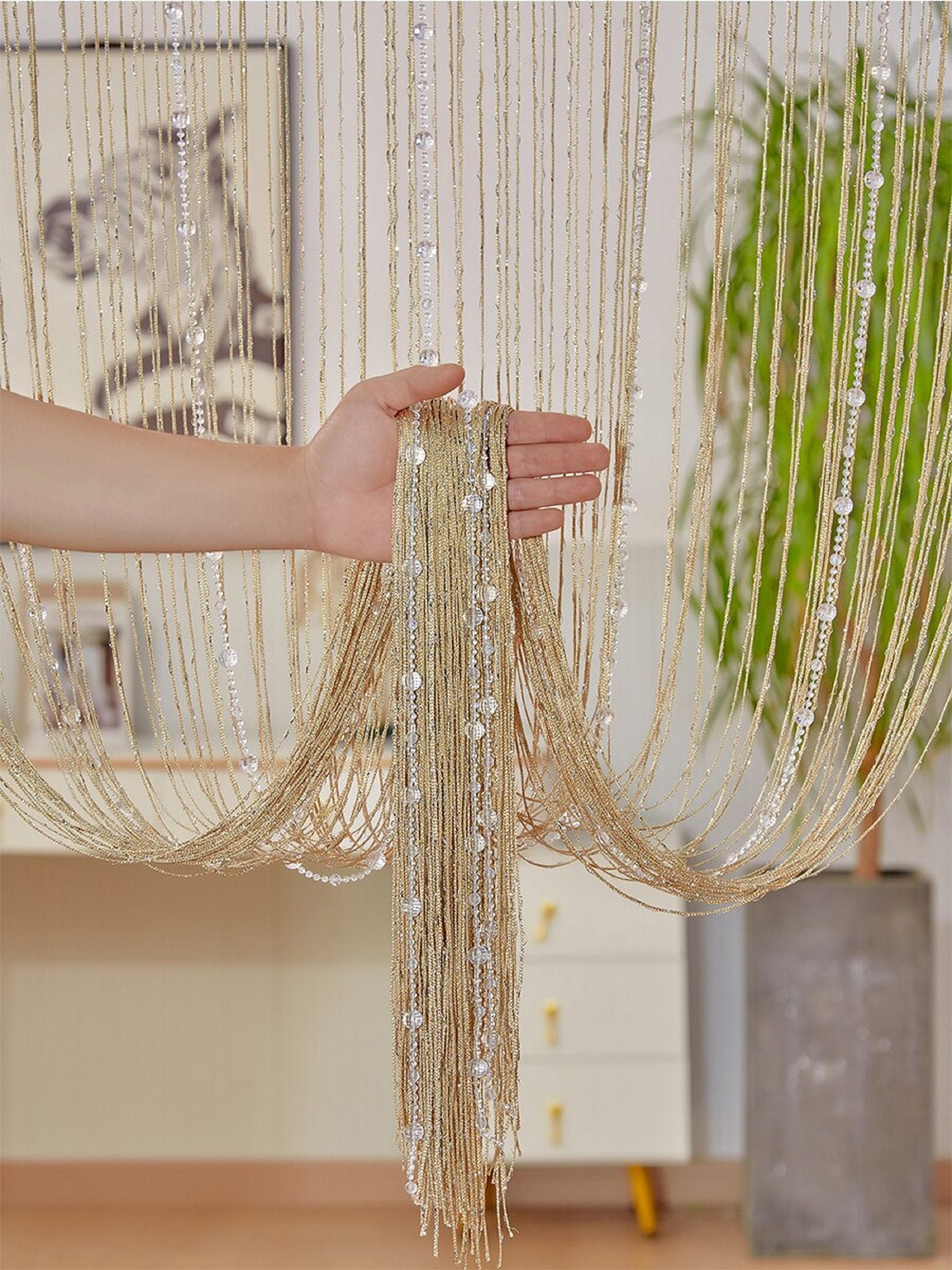 String Curtain Faceted Beads Champagne Gold Tassel