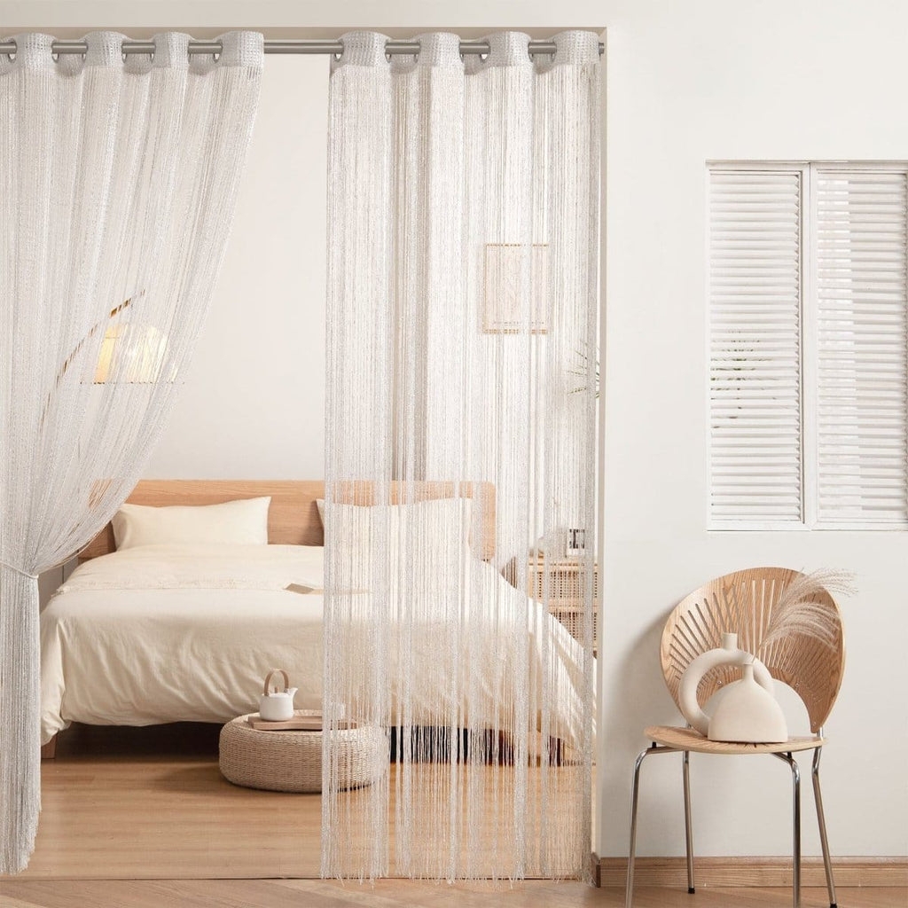 String Curtain Grommet Header White Shimmering Thread Panel