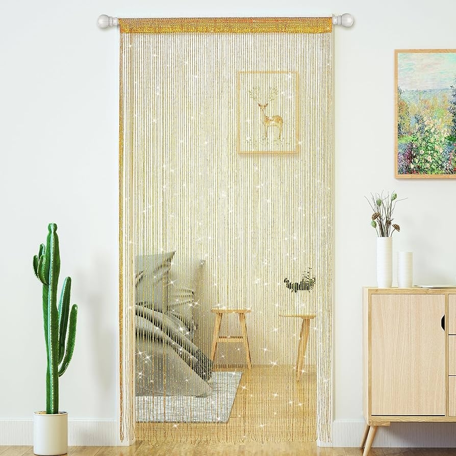 String Curtain Shimmering Beads Gold Boho Doorway Divider