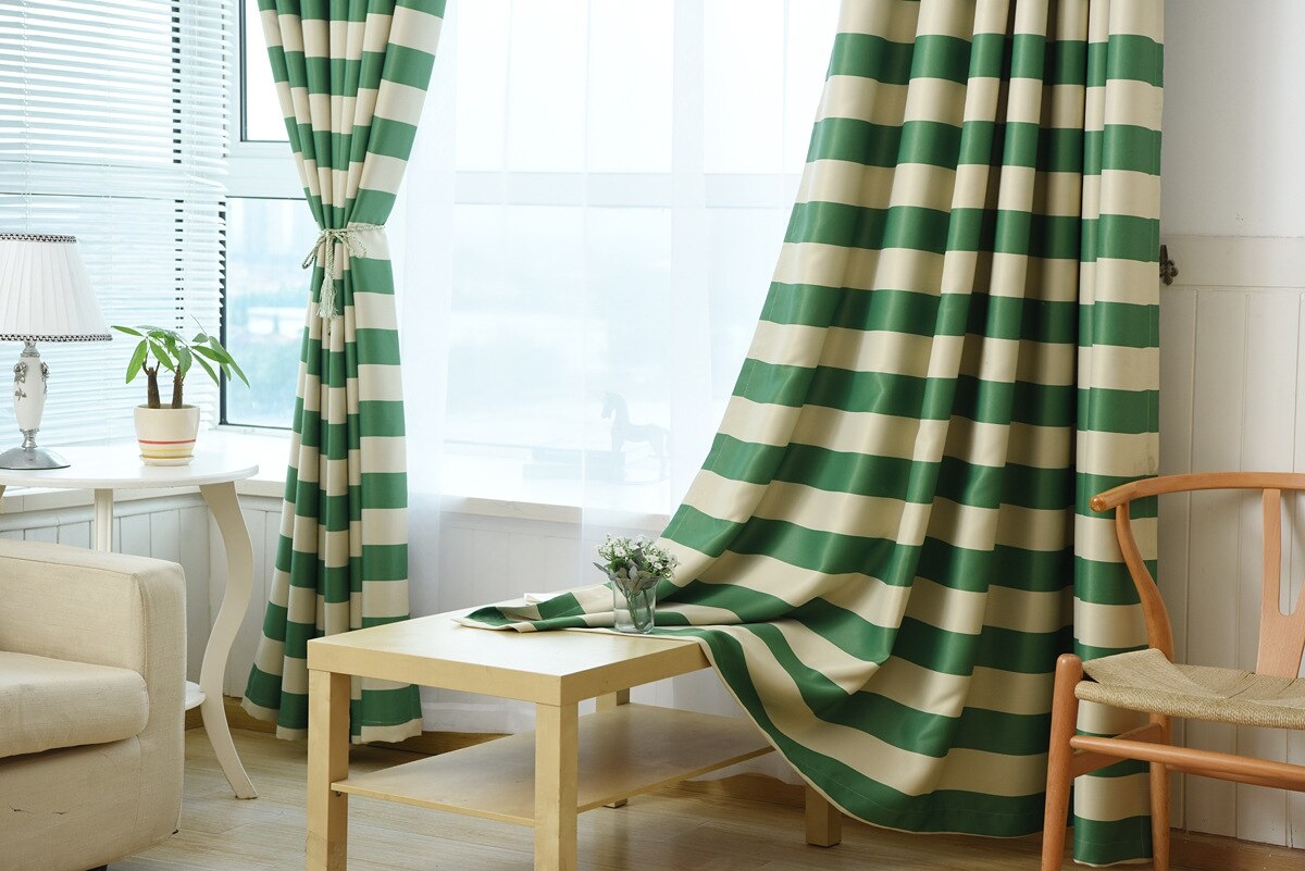 Striped Curtains: Emerald Green Coastal Layered Styling