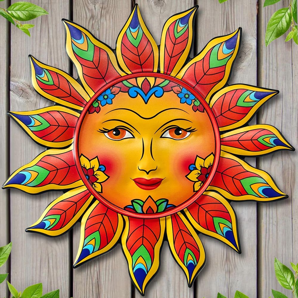 Sun Wall Art Peacock Motif Floral Accent Folk Art Hanging