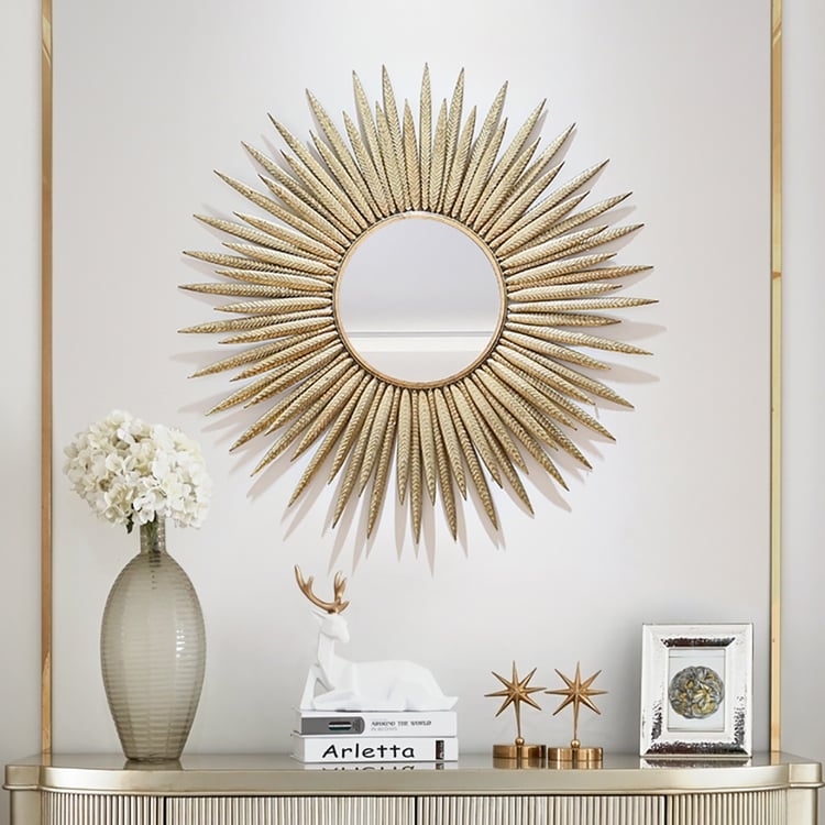 Sunburst Mirror Feathered Ray Design Champagne Metallic Art