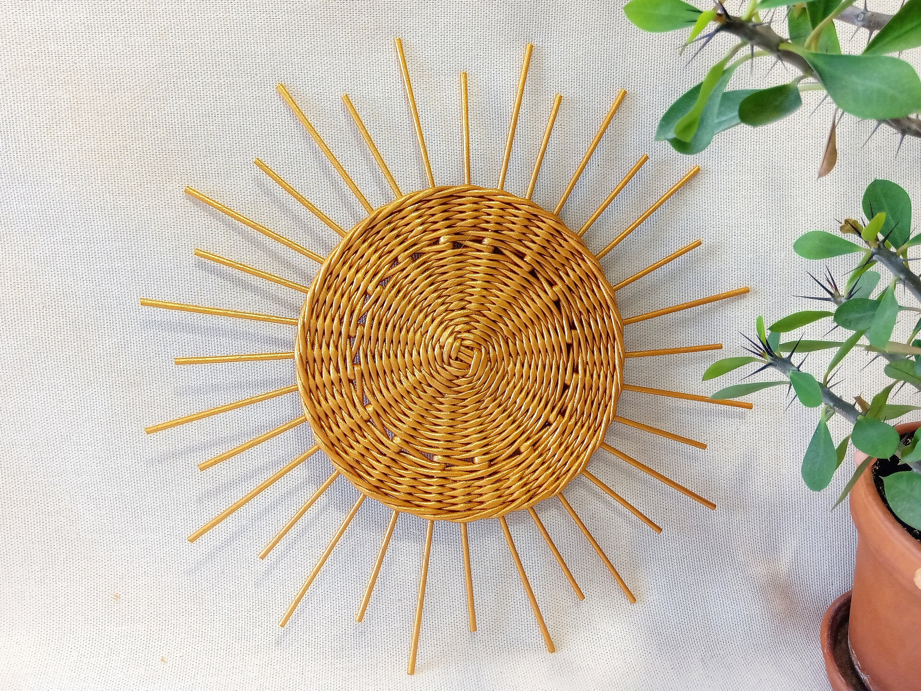 Sunburst Wall Decor Coiled Weave Center Golden Woven Art