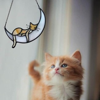 Suncatcher: Stained Glass Moon Silhouette Cat Decor
