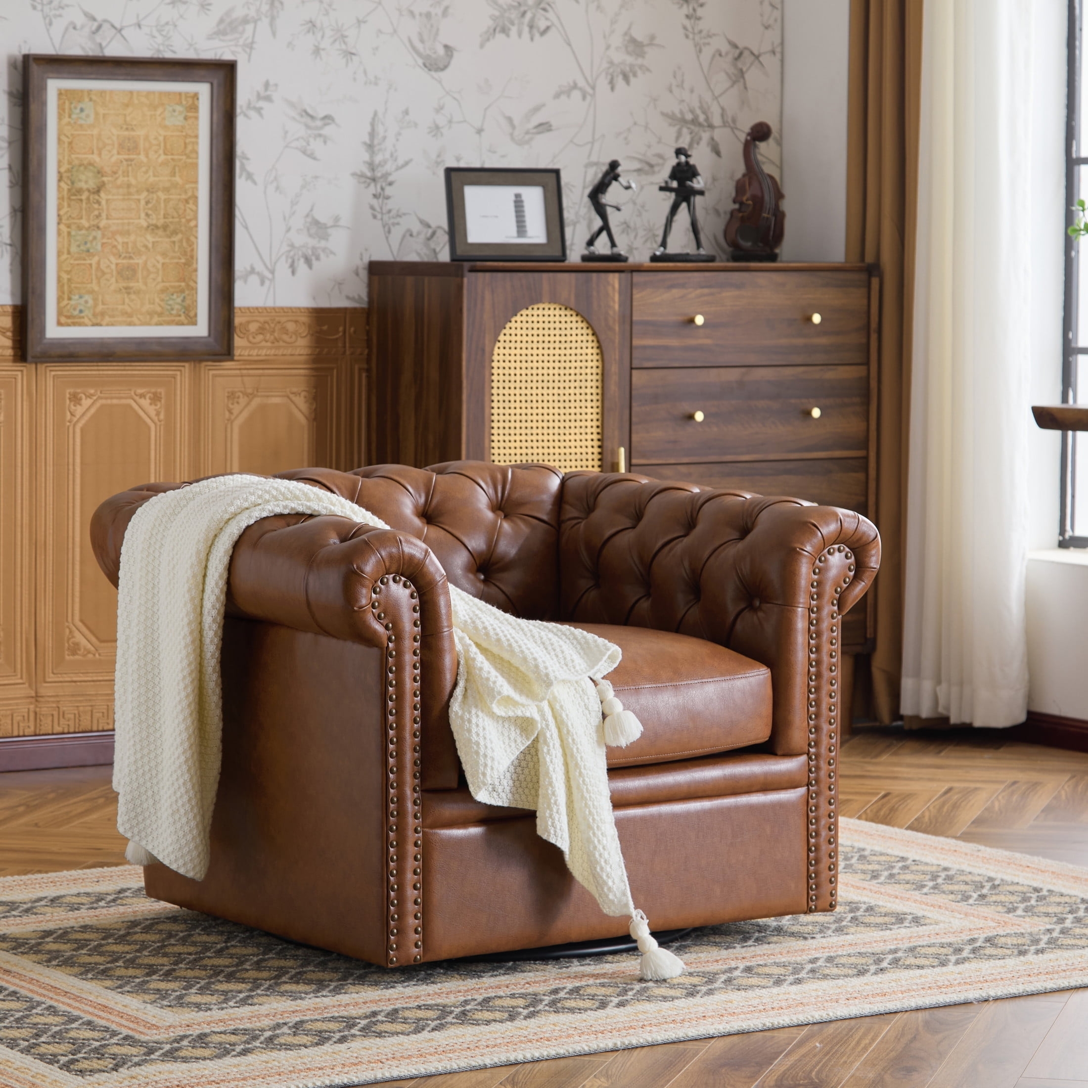 Swivel Club Chair with 360 Degree Base and Nailhead Trim