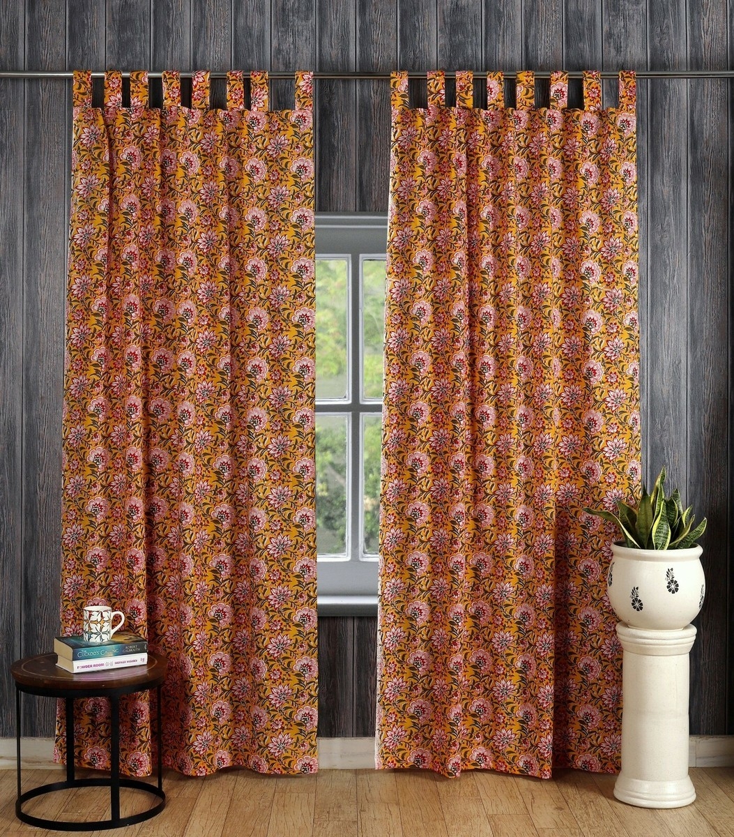 Tab Top Curtains: Floral Print Mustard Yellow Indian Drapes