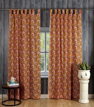 Tab Top Curtains: Floral Print Mustard Yellow Indian Drapes