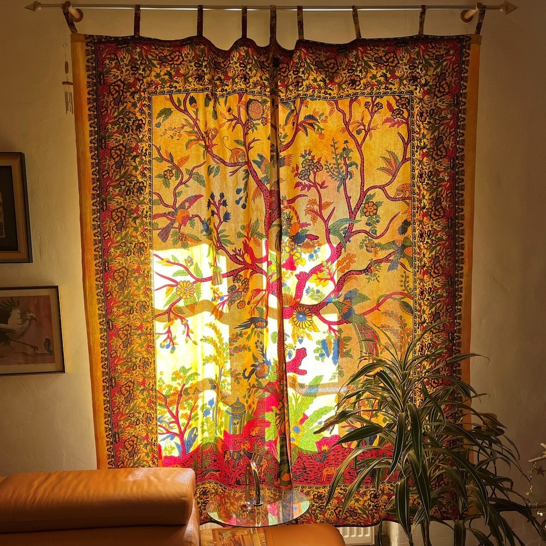 Tab Top Curtains: Tree of Life Pattern Golden Yellow Art