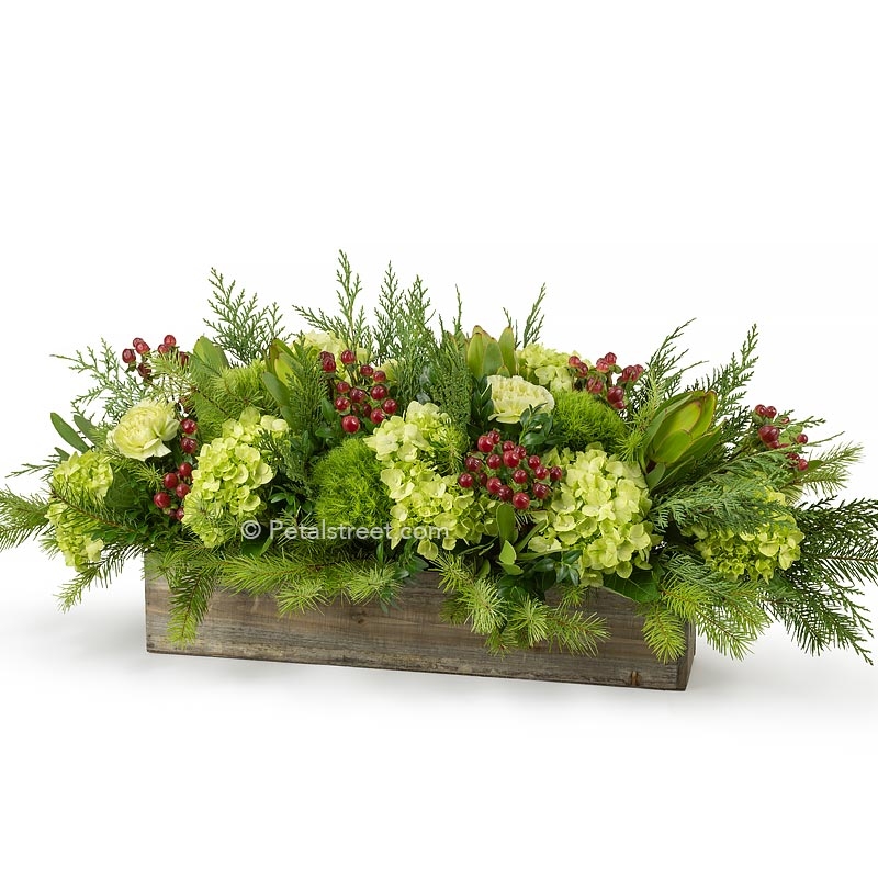 Table Centerpiece: Rectangular Wood Box with Lime Green Blooms