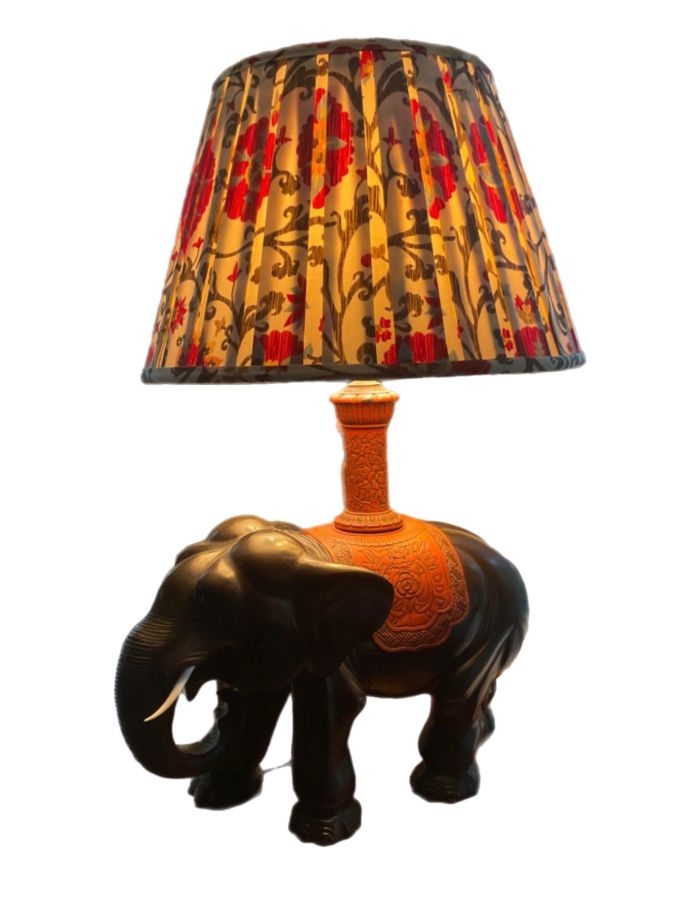 Table Lamp Cinnabar Carving and Floral Pleated Shade