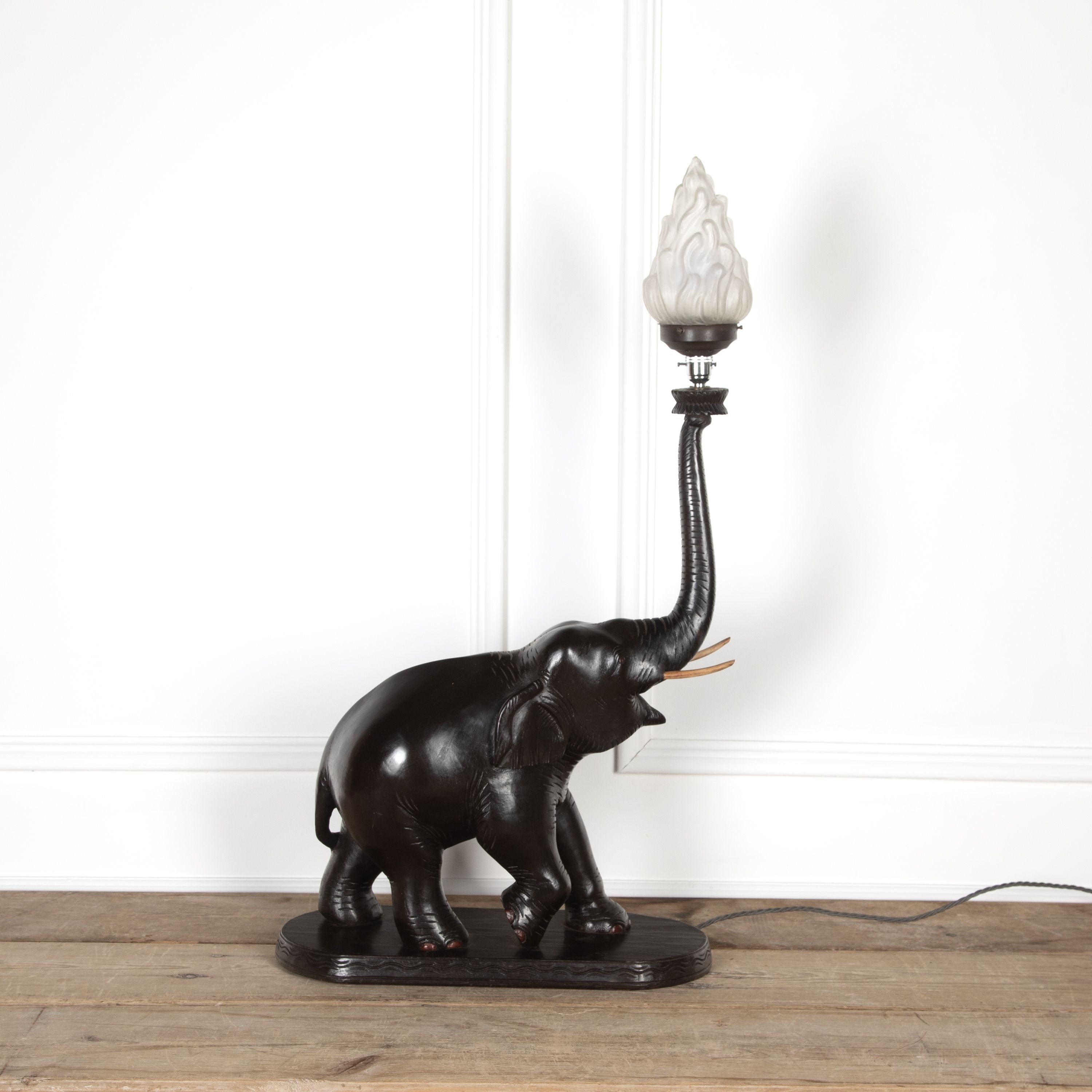 Table Lamp Flame Glass Shade and Carved Hardwood