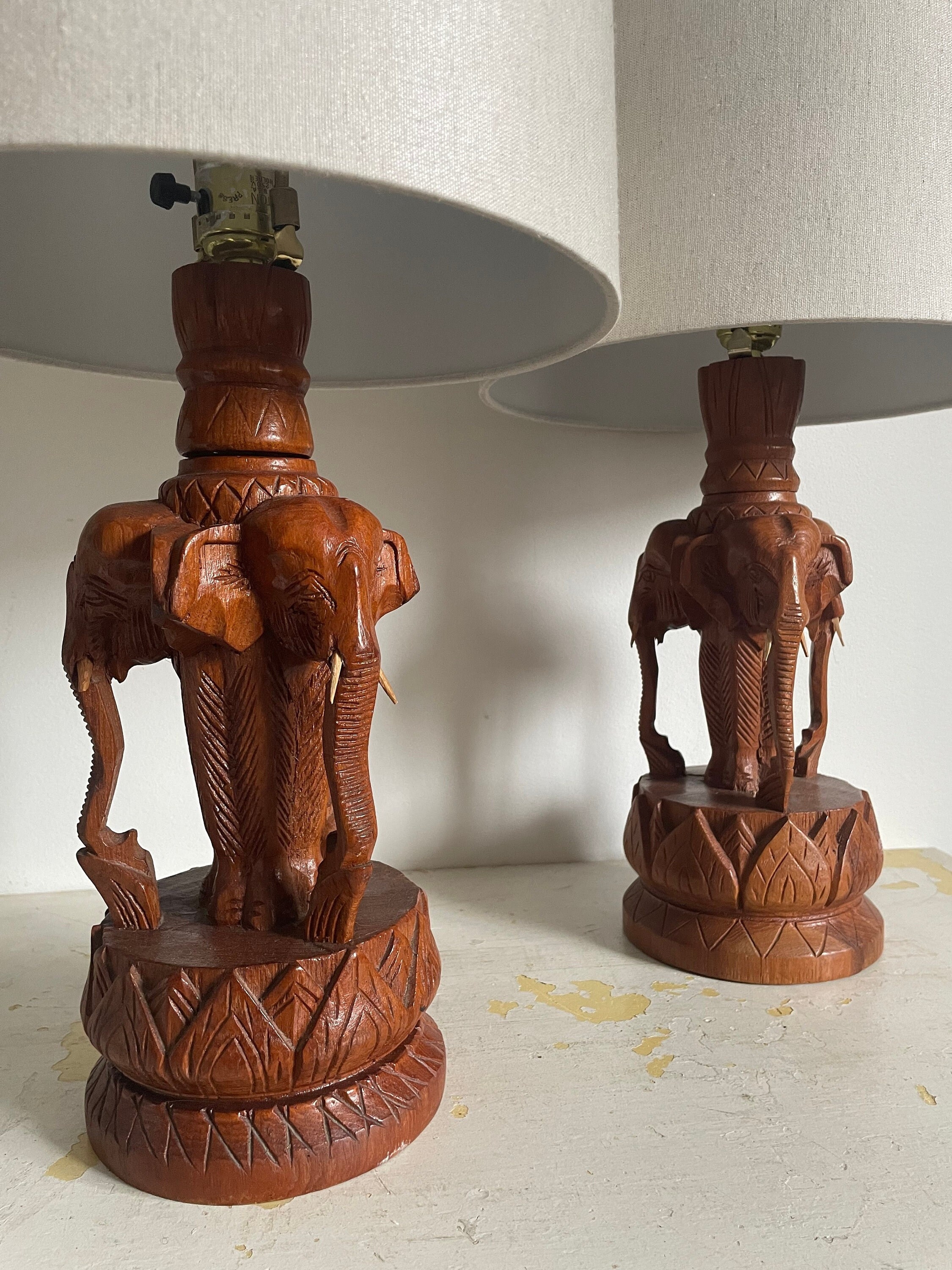 Table Lamp Hand Carved Wood and Vintage Lotus Base
