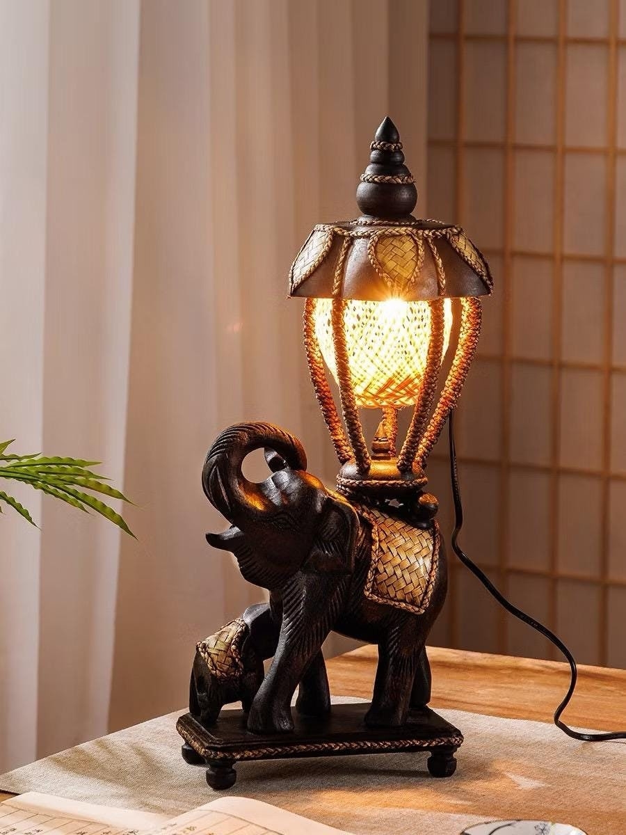 Table Lamp Mother Baby Elephant and Woven Bamboo Shade