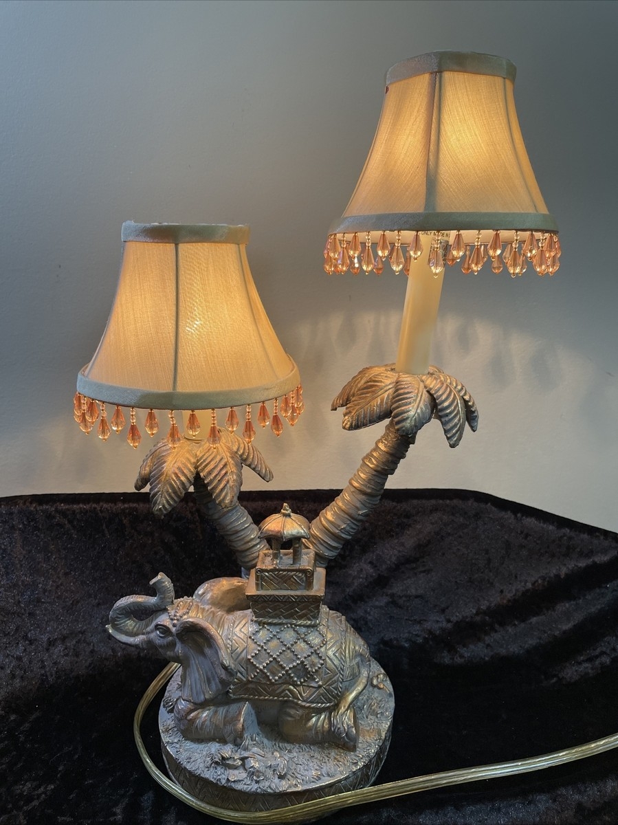 Table Lamp Palm Tree Columns and Beaded Fringe Trim