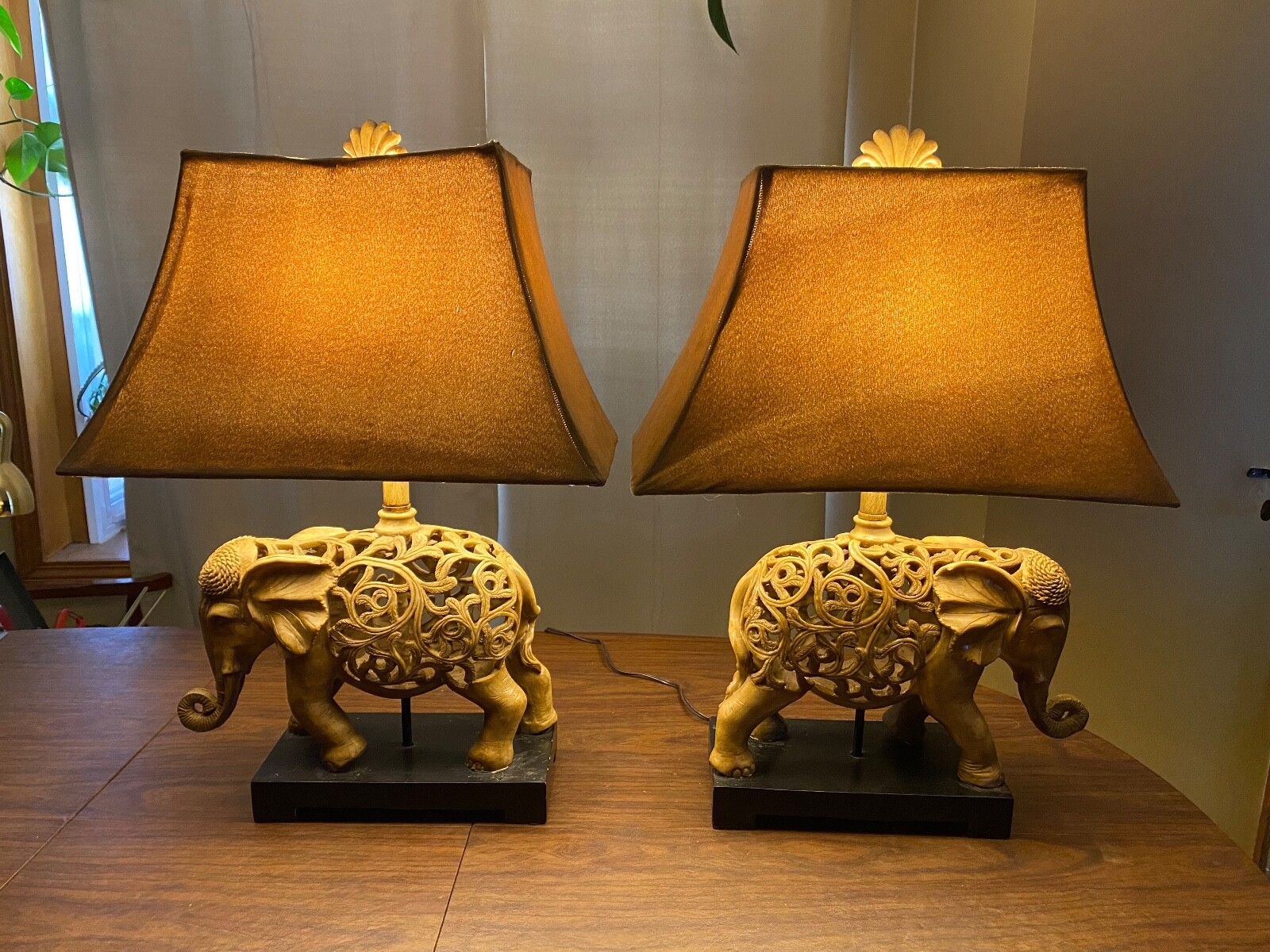 Table Lamp Pierced Filigree and Caramel Suede Shades