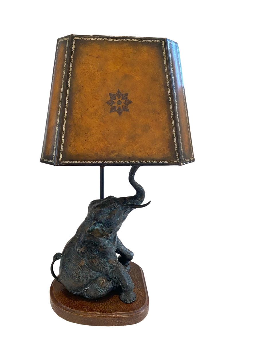 Table Lamp Star Motif Leather Shade and Bronze Finish