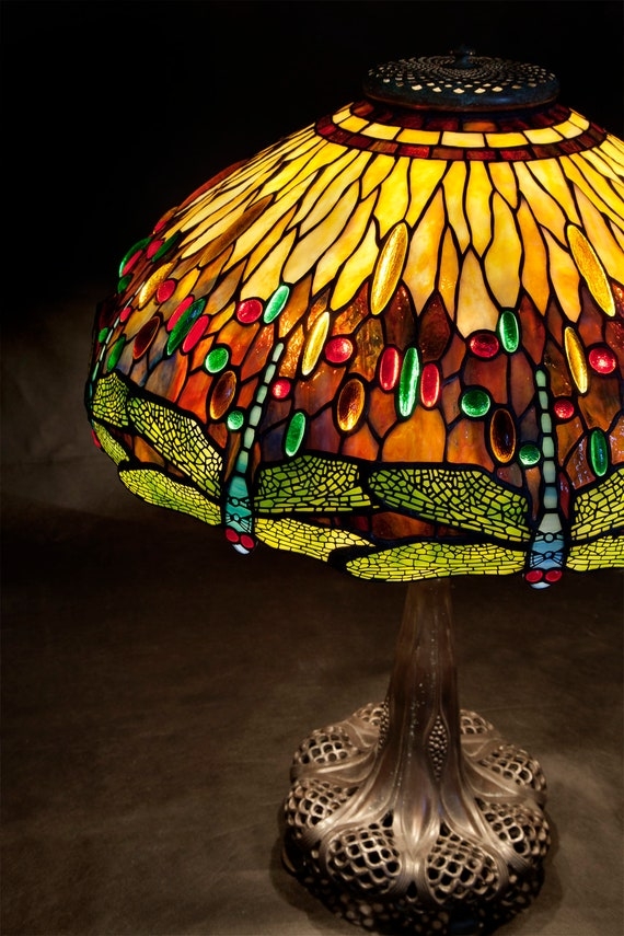 Table Lamp with Dragonfly Motif and Openwork Bronze Base