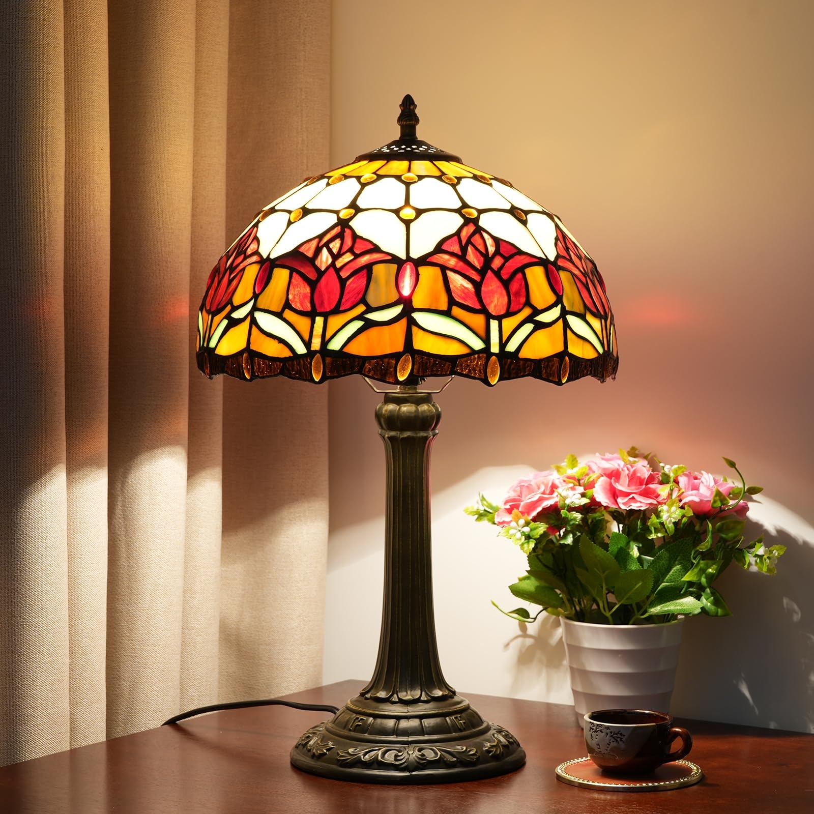 Table Lamp with Red Tulip Pattern and Fluted Base Design