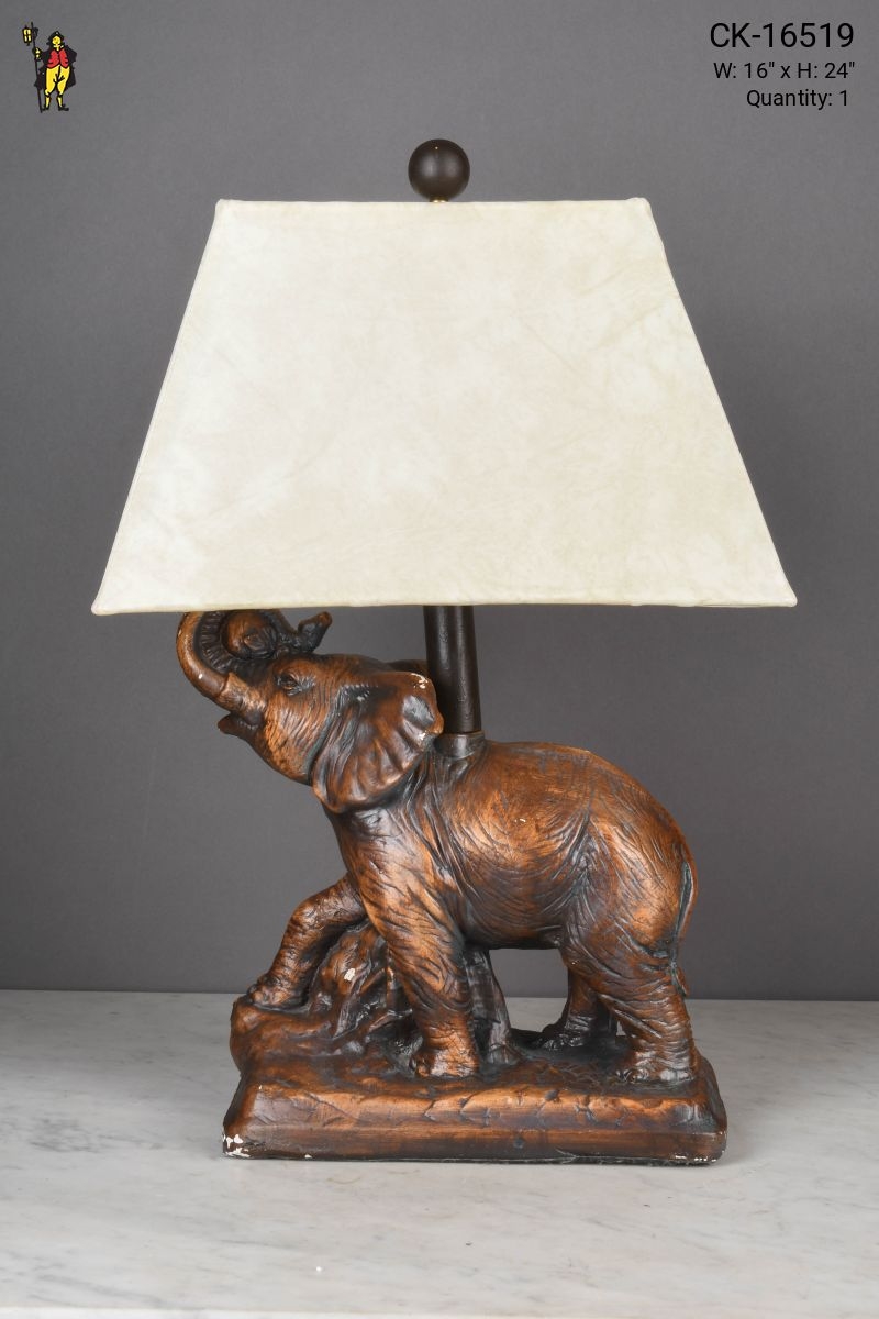 Table Lamp Wood Toned Elephant and Raised Trunk Pose