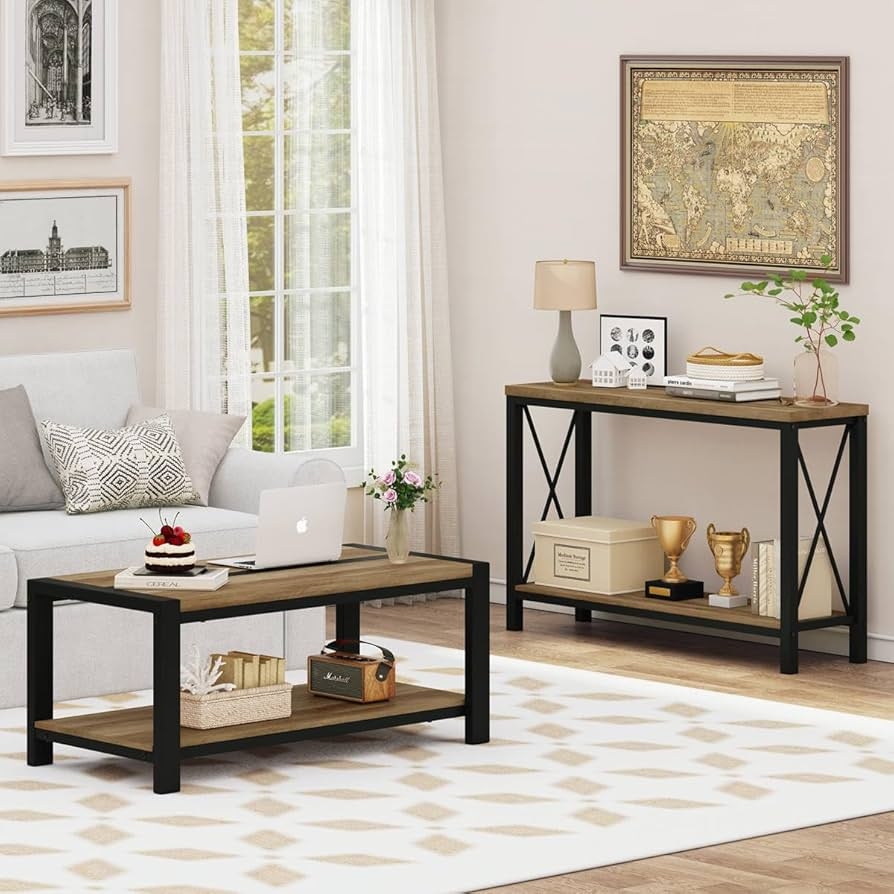 Table Set With X Frame Bracing Industrial Living Room