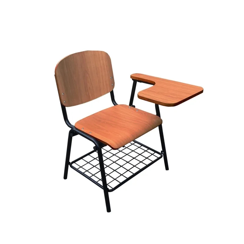 Tablet Arm Chair with Warm Oak Finish and Wire Shelf