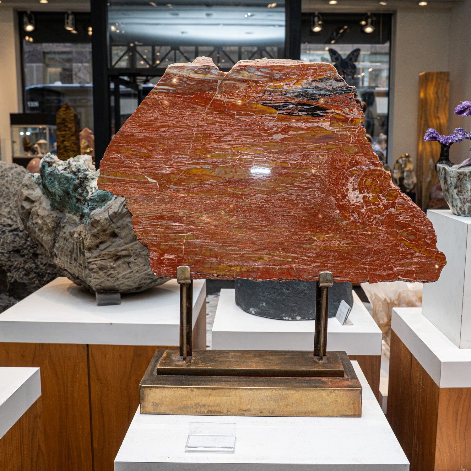 Tabletop Sculpture of Polished Fossil Slice and Bronze Stand