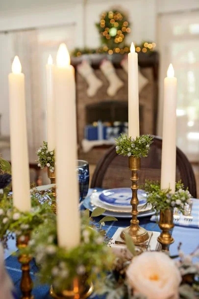 Taper Candle Polished Brass LED Flame Blue and Gold Holiday Decor