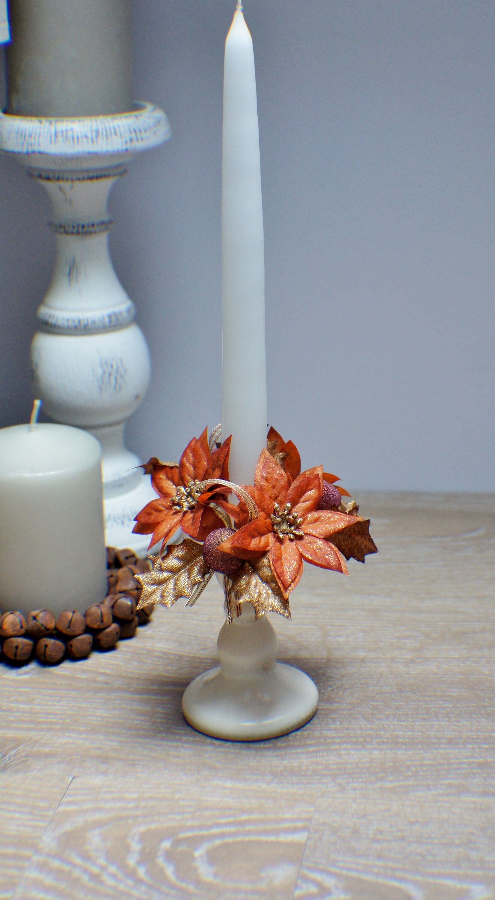 Taper Candle Ring Burnt Orange Petals Gold Leaf Fall Tapered Decor