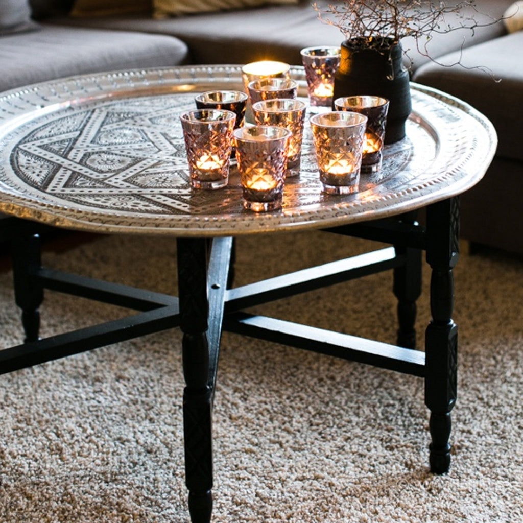 Tea Table Moroccan Etched Metal Tray Folding Leg Base