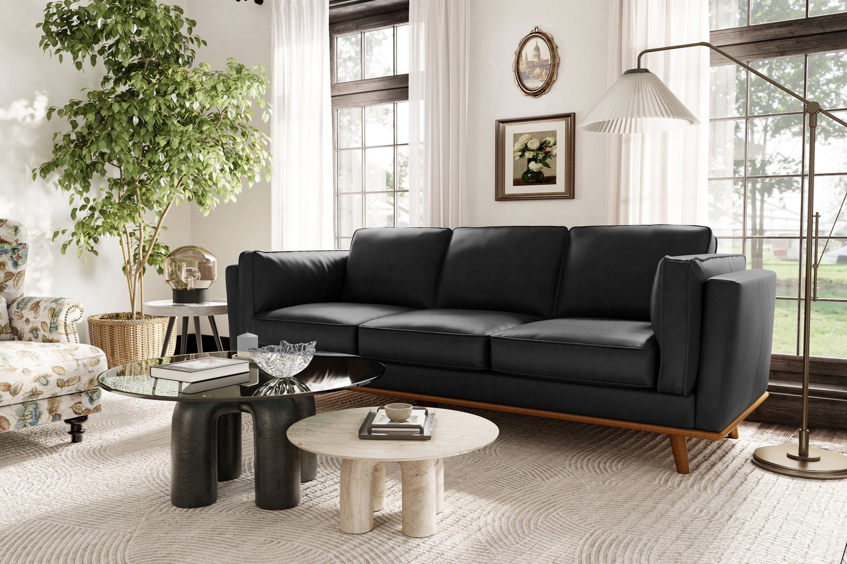 Three Seat Sofa Nappa Leather Alder Wood Base