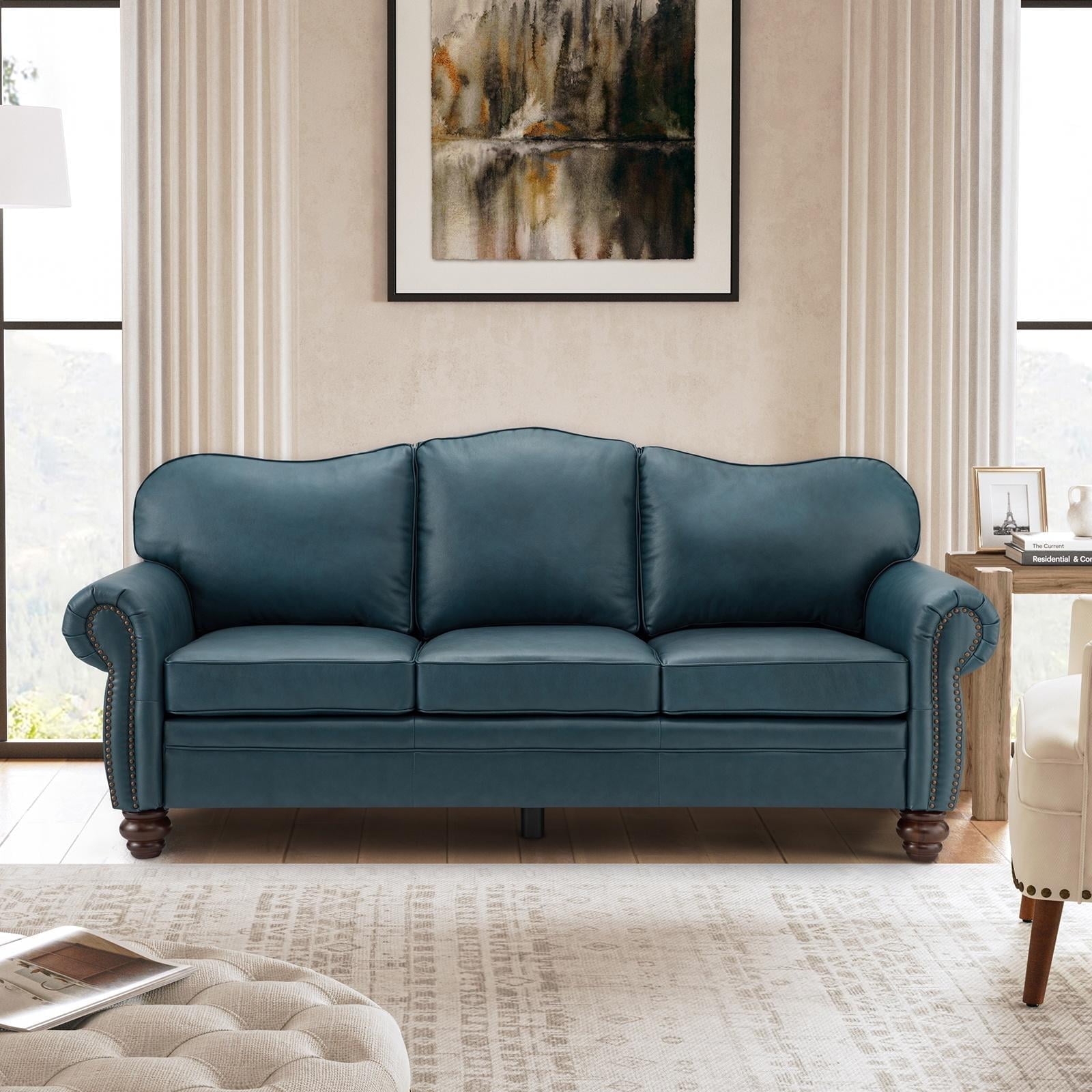Three Seater Sofa Deep Blue Rolled Arms Furniture