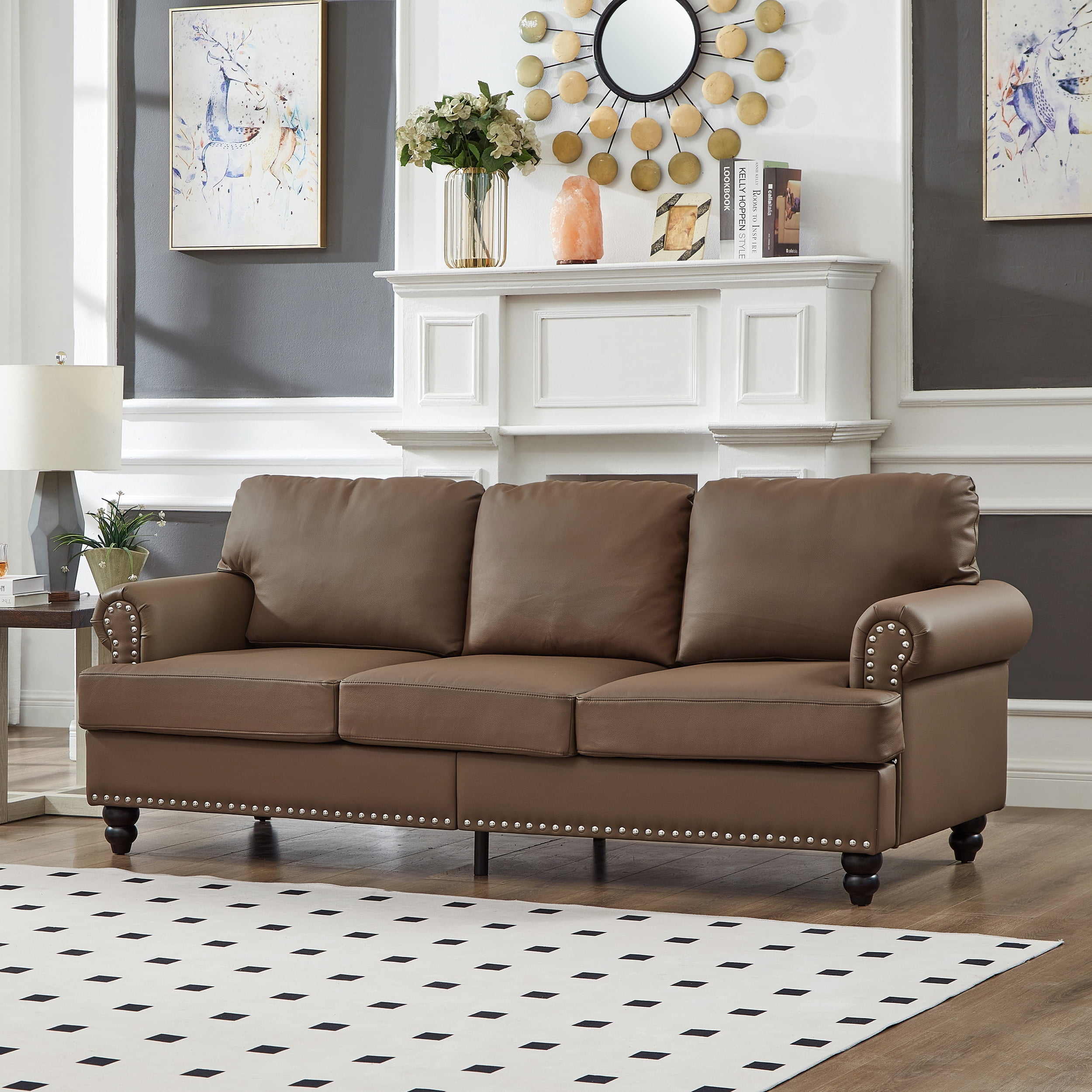 Three Seater Sofa with Brown Leather Like Upholstery