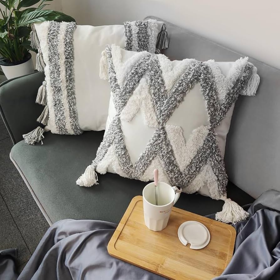 Throw Pillow Cover Shaggy Embroidery Corner Tassels Boho