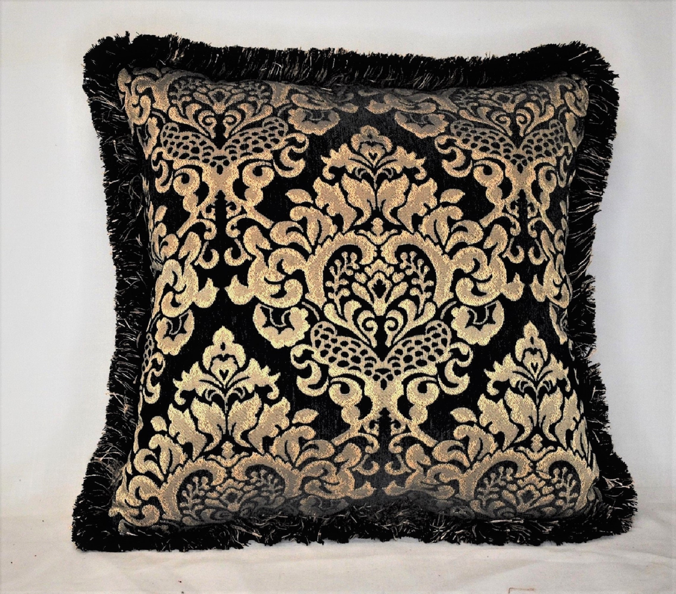 Throw Pillow featuring Brush Fringe and Damask Finish