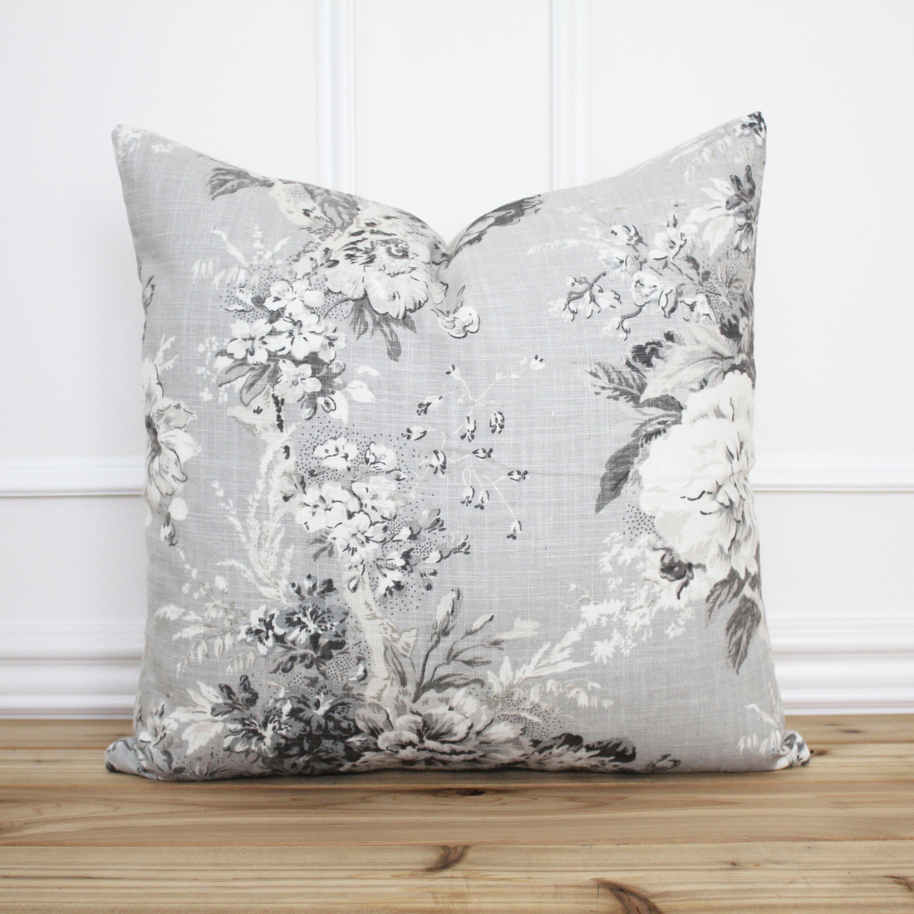 Throw Pillow Large Scale Floral Avian Motif Charcoal Art
