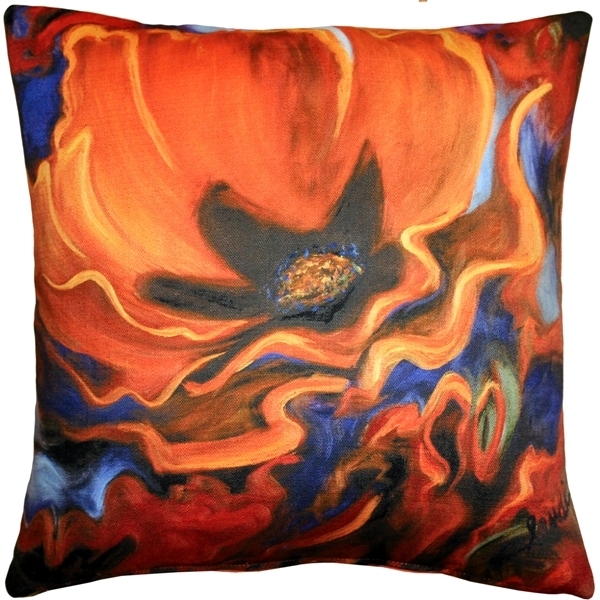 Throw Pillow Painterly Floral Print Orange Poppy Pillow