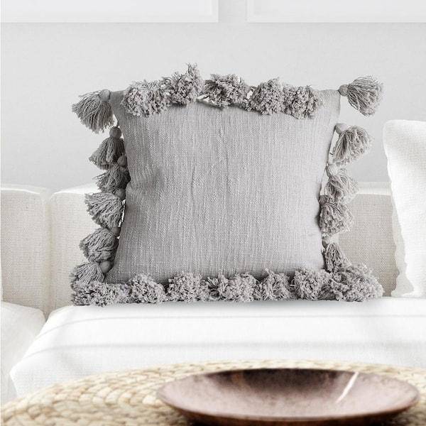 Throw Pillow Perimeter Tassels Cotton Global Fringe Gray