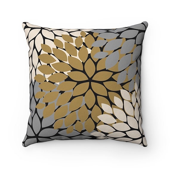Throw Pillow with Mustard Petals and Floral Motif Style