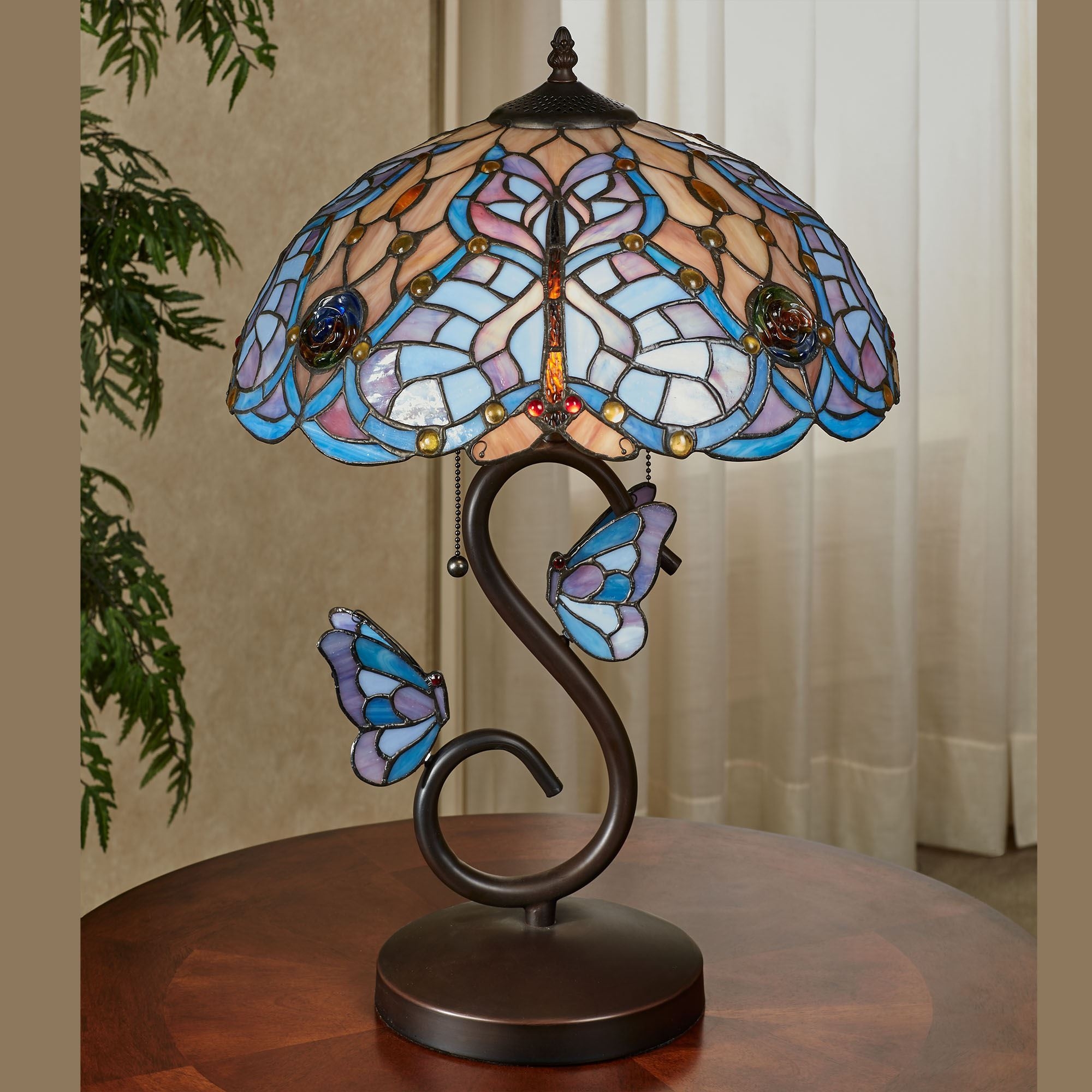 Tiffany Style Table Lamp with S-Curved Base and Butterfly