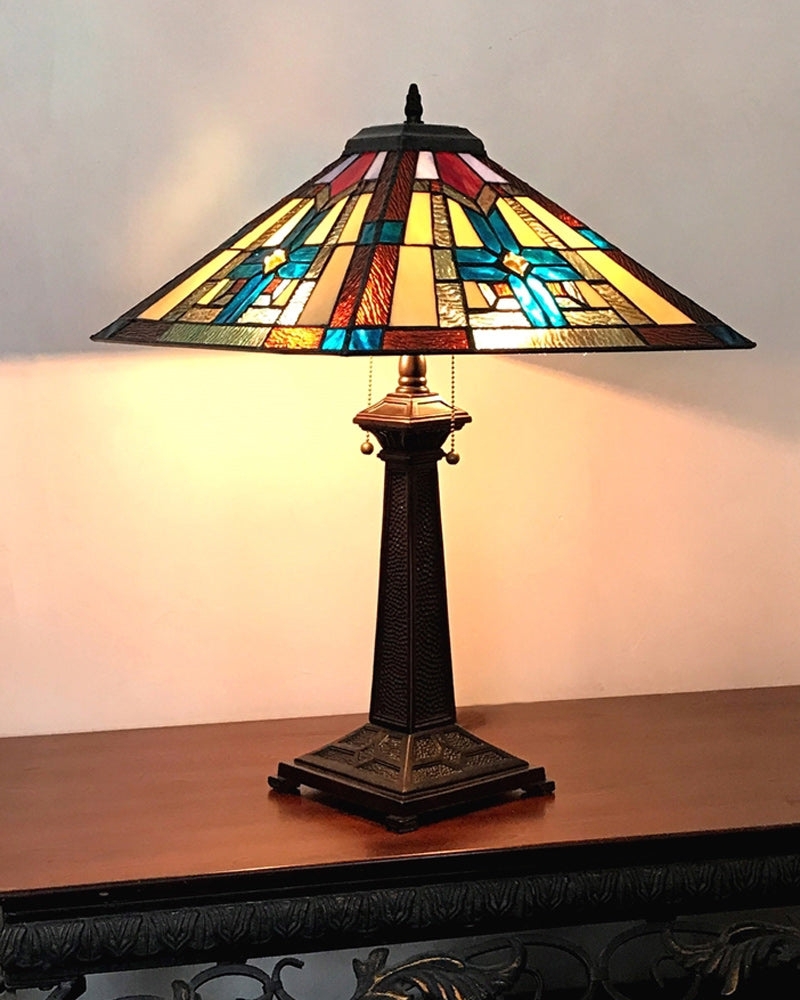Tiffany Table Lamp with Mission Style Base and Geometric Glass
