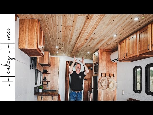 Tiny Home Interior Features Cedar Ceiling and Trailer Conversion