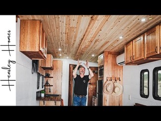 Tiny Home Interior Features Cedar Ceiling and Trailer Conversion