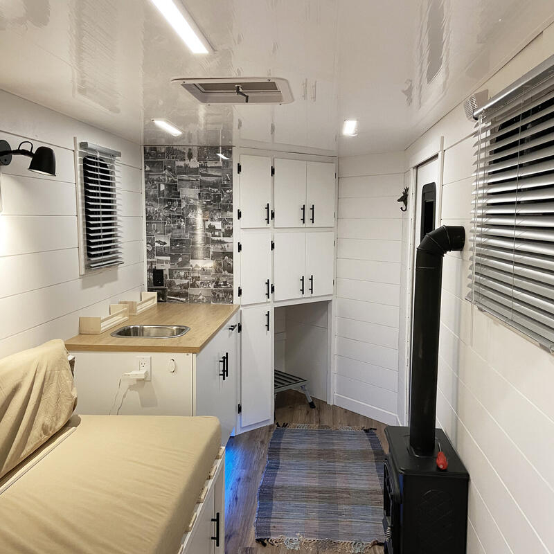 Tiny Home Interior with PVC Wall Panels and White Shiplap Walls