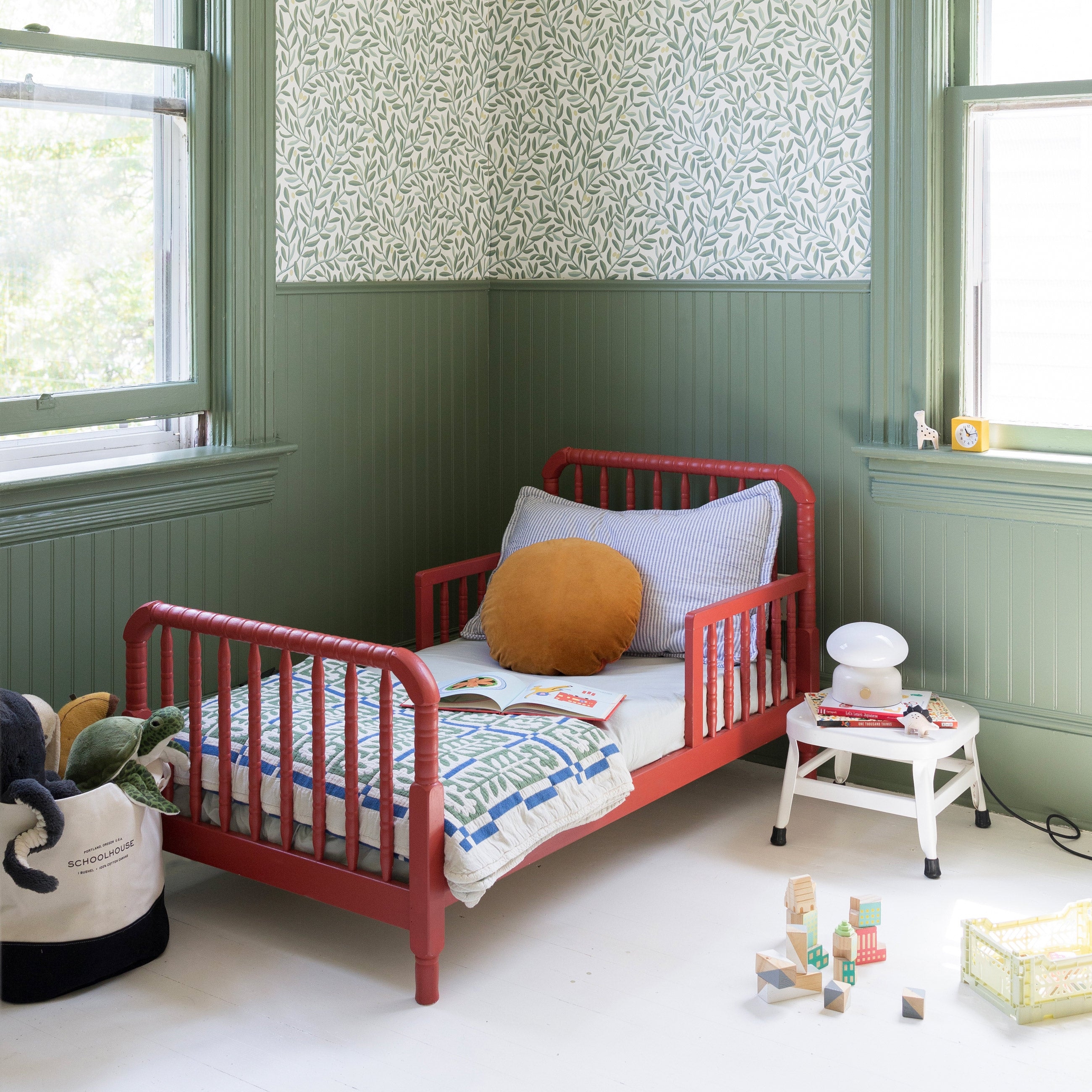 Toddler Bed: Red Spindle Frame and Sage Green Beadboard Walls