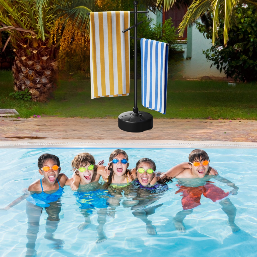 Towel Rack Multi Arm Design Weighted Base Black Poolside Towel Holder