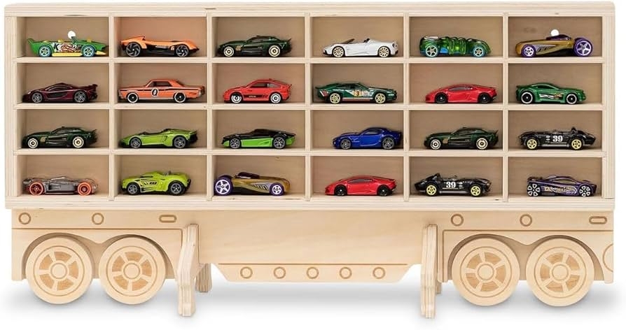 Toy Car Shelf featuring Truck Rig Shape and 24 Cubby Grid