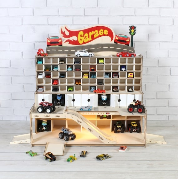 Toy Car Storage includes Built In Lighting and Wooden Garage