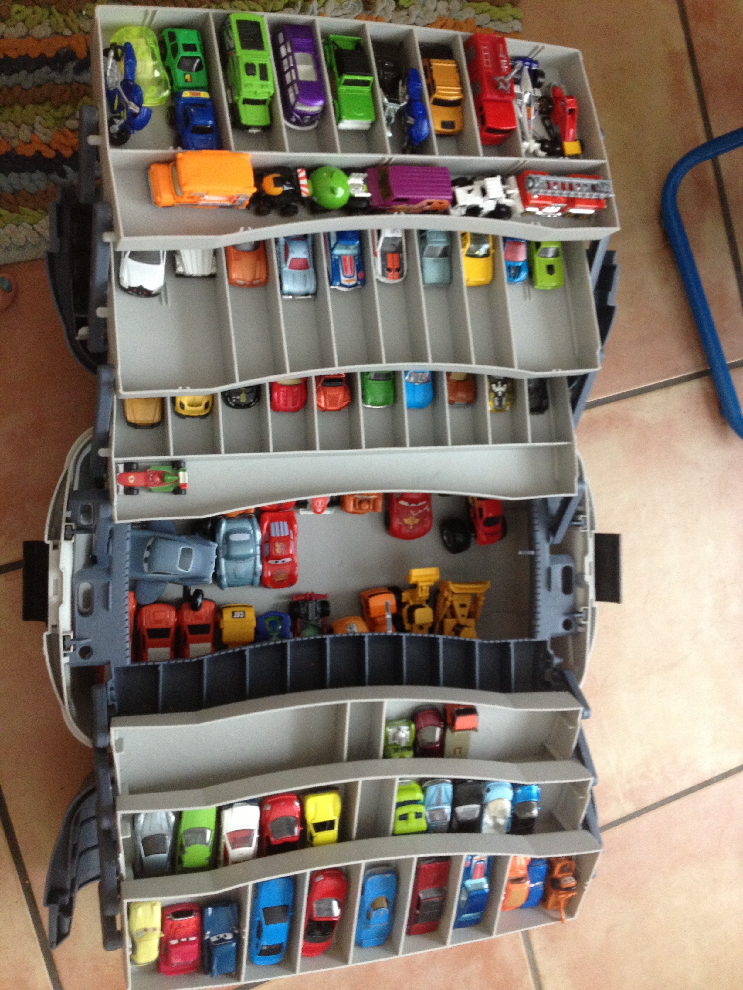 Toy Car Storage utilizing Cantilever Trays and Portable Case