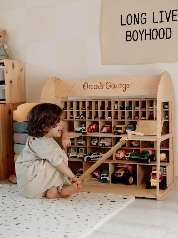 Toy Garage with Engraved Header for Montessori Car Storage