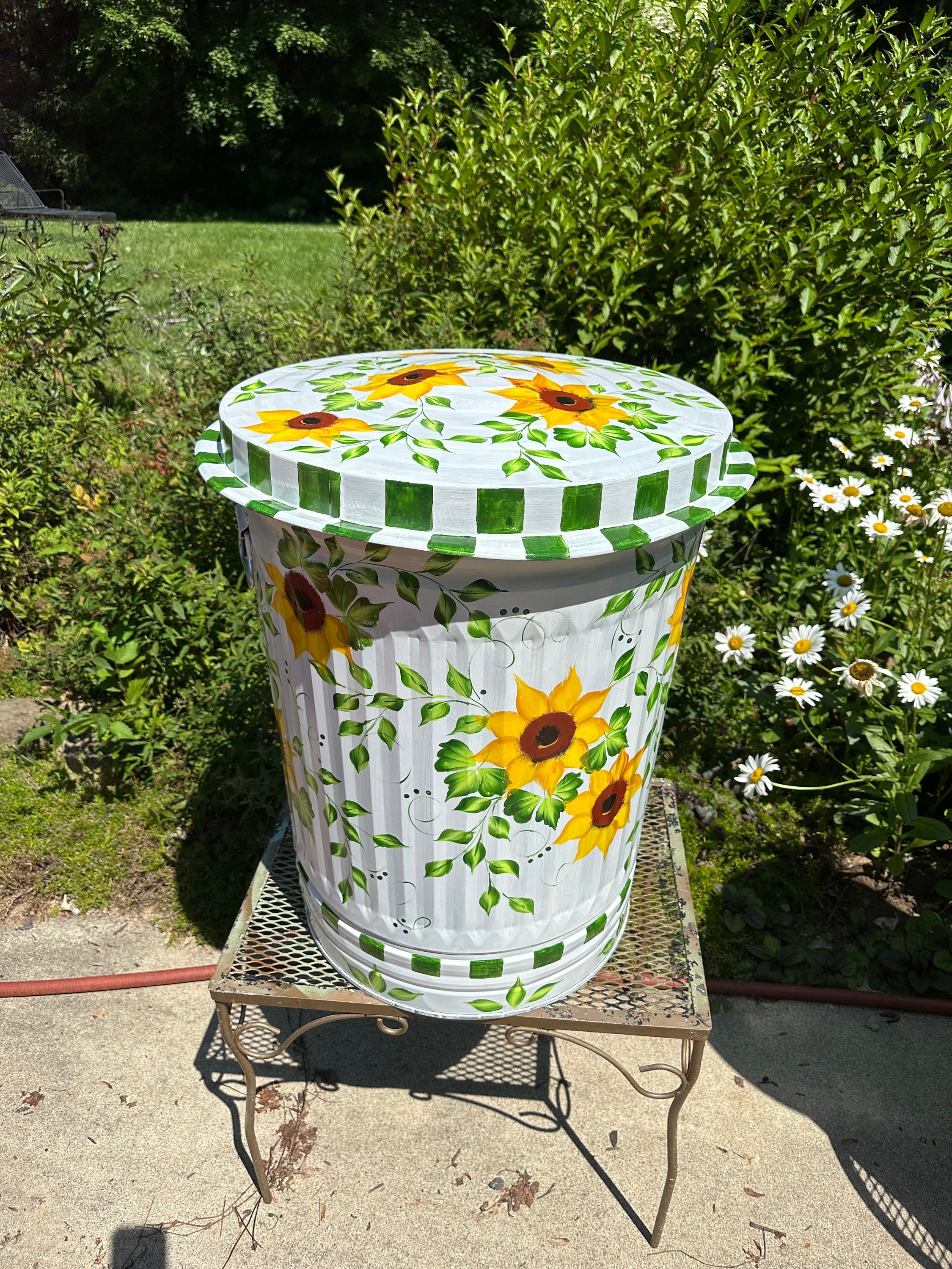 Trash Can with Hand Painted Sunflowers Cottagecore Floral Canister